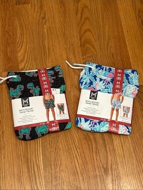 Member’s Mark Boys Resort Swim Trunk size 8 dinosaur black / flamingo blue print